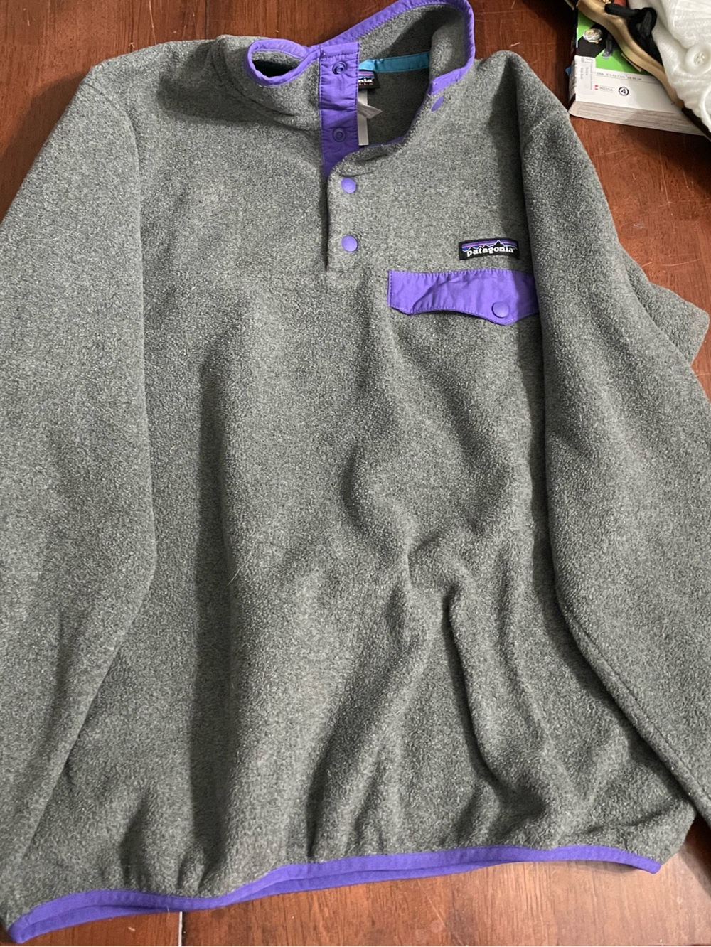 Patagonia Gray Fleece Pullover with Purple Trim